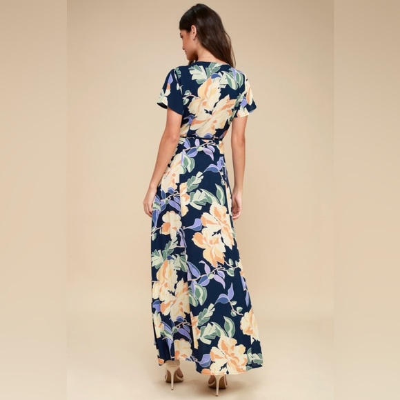 Lulus Heart of Marigold Navy Blue Tropical Print Wrap Maxi Dress - Picture 2 of 6